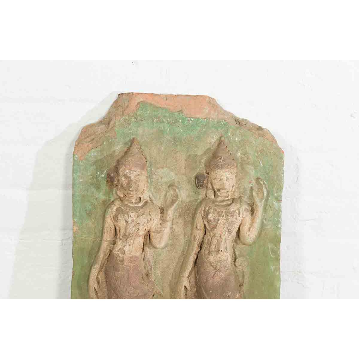 Thai Carved Stone Green Painted Temple Wall Plaque Depicting Ceremonial Dancers-5. Asian &amp; Chinese Furniture, Art, Antiques, Vintage Home Décor for sale at FEA Home