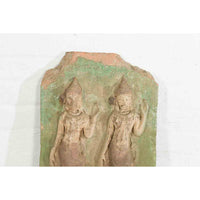Thai Carved Stone Green Painted Temple Wall Plaque Depicting Ceremonial Dancers