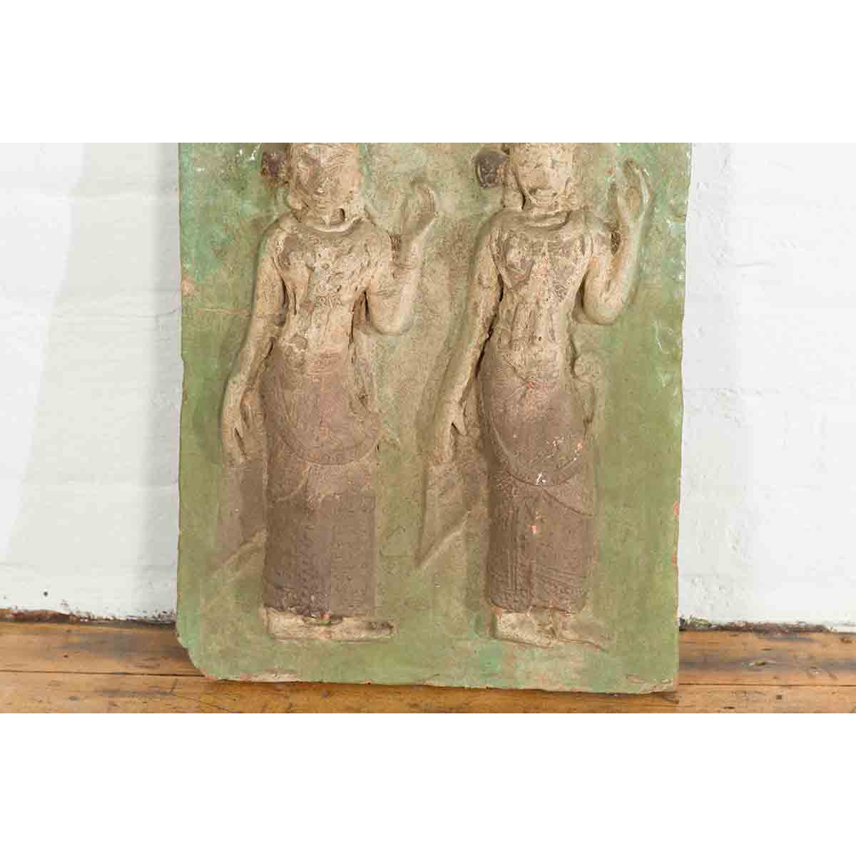 Thai Carved Stone Green Painted Temple Wall Plaque Depicting Ceremonial Dancers-6. Asian &amp; Chinese Furniture, Art, Antiques, Vintage Home Décor for sale at FEA Home