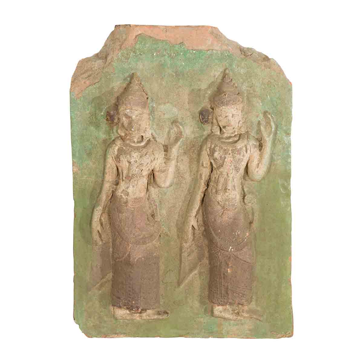 Thai Carved Stone Green Painted Temple Wall Plaque Depicting Ceremonial Dancers-3. Asian &amp; Chinese Furniture, Art, Antiques, Vintage Home Décor for sale at FEA Home