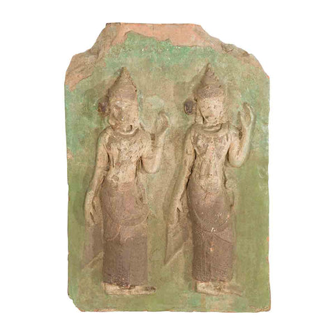 Thai Carved Stone Green Painted Temple Wall Plaque Depicting Ceremonial Dancers