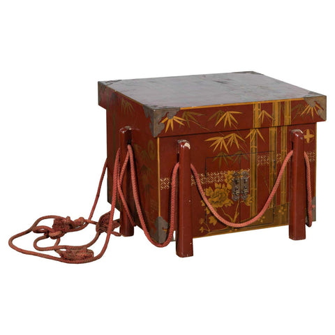 Japanese Vintage Wedding Chest with Red Lacquer and Hand-Painted Décor - Antique Chinese and Vintage Asian Furniture for Sale at FEA Home