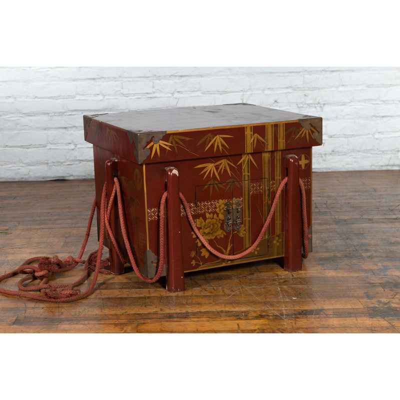 Japanese Vintage Wedding Chest with Red Lacquer and Hand-Painted Décor - Antique Chinese and Vintage Asian Furniture for Sale at FEA Home