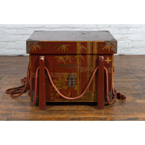 Japanese Vintage Wedding Chest with Red Lacquer and Hand-Painted Décor - Antique Chinese and Vintage Asian Furniture for Sale at FEA Home
