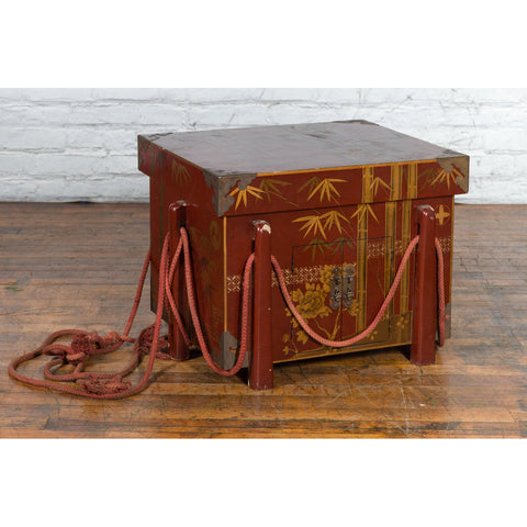 Japanese Vintage Wedding Chest with Red Lacquer and Hand-Painted Décor - Antique Chinese and Vintage Asian Furniture for Sale at FEA Home
