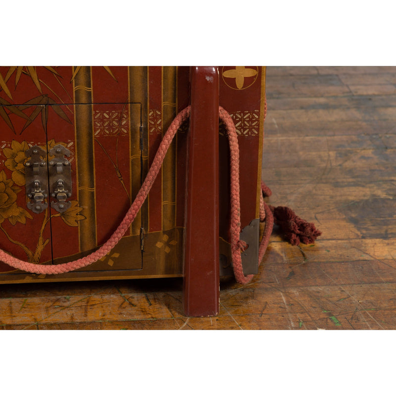 Japanese Vintage Wedding Chest with Red Lacquer and Hand-Painted Décor - Antique Chinese and Vintage Asian Furniture for Sale at FEA Home