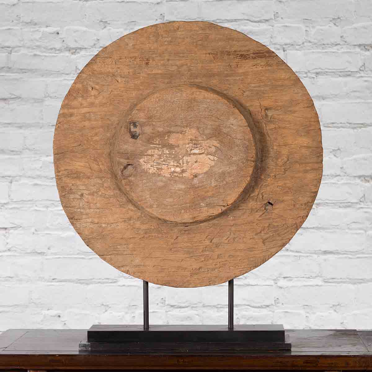 Antique Chinese 19th Century Rustic Mounted Ox Cart Wooden Wheel on Base-2. Asian & Chinese Furniture, Art, Antiques, Vintage Home Décor for sale at FEA Home