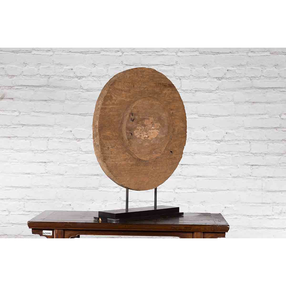 Antique Chinese 19th Century Rustic Mounted Ox Cart Wooden Wheel on Base-4. Asian &amp; Chinese Furniture, Art, Antiques, Vintage Home Décor for sale at FEA Home