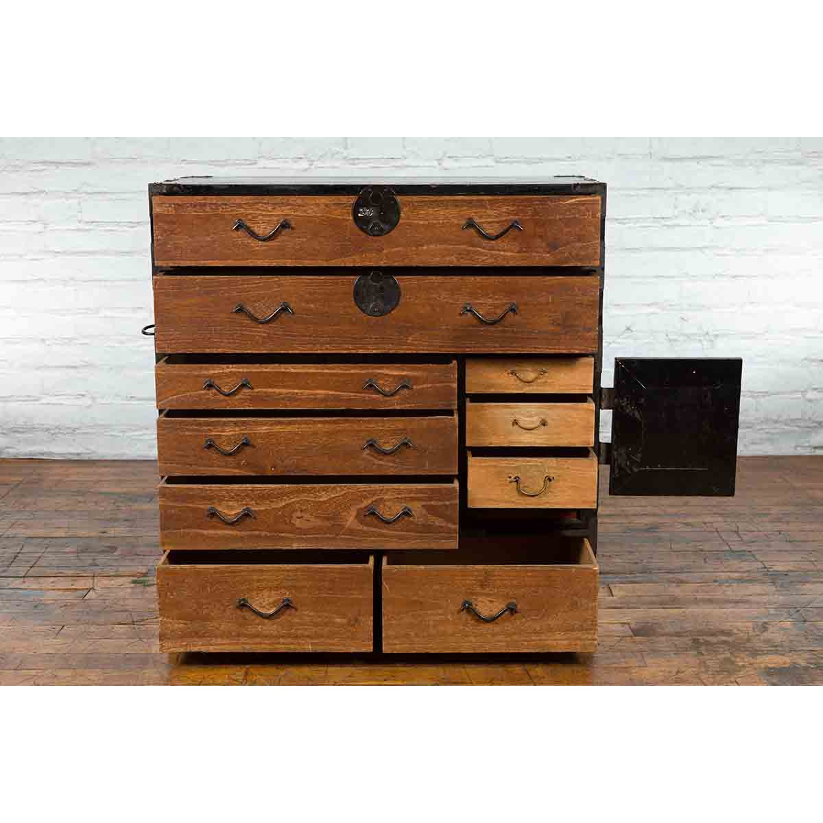 Japanese 19th Century Meiji Period Brown and Black Tansu Clothing Chest-12. Asian &amp; Chinese Furniture, Art, Antiques, Vintage Home Décor for sale at FEA Home