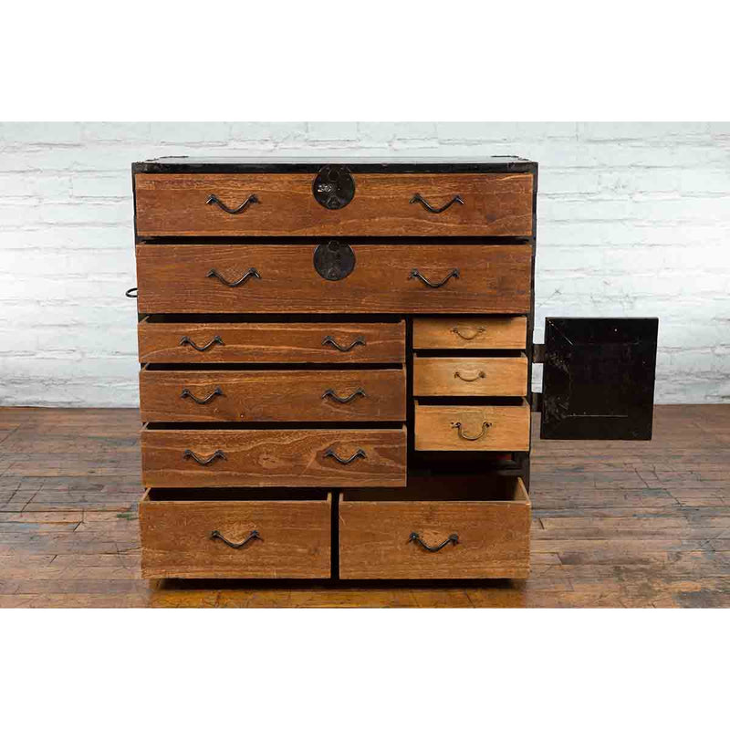 Japanese 19th Century Meiji Period Brown and Black Tansu Clothing Chest