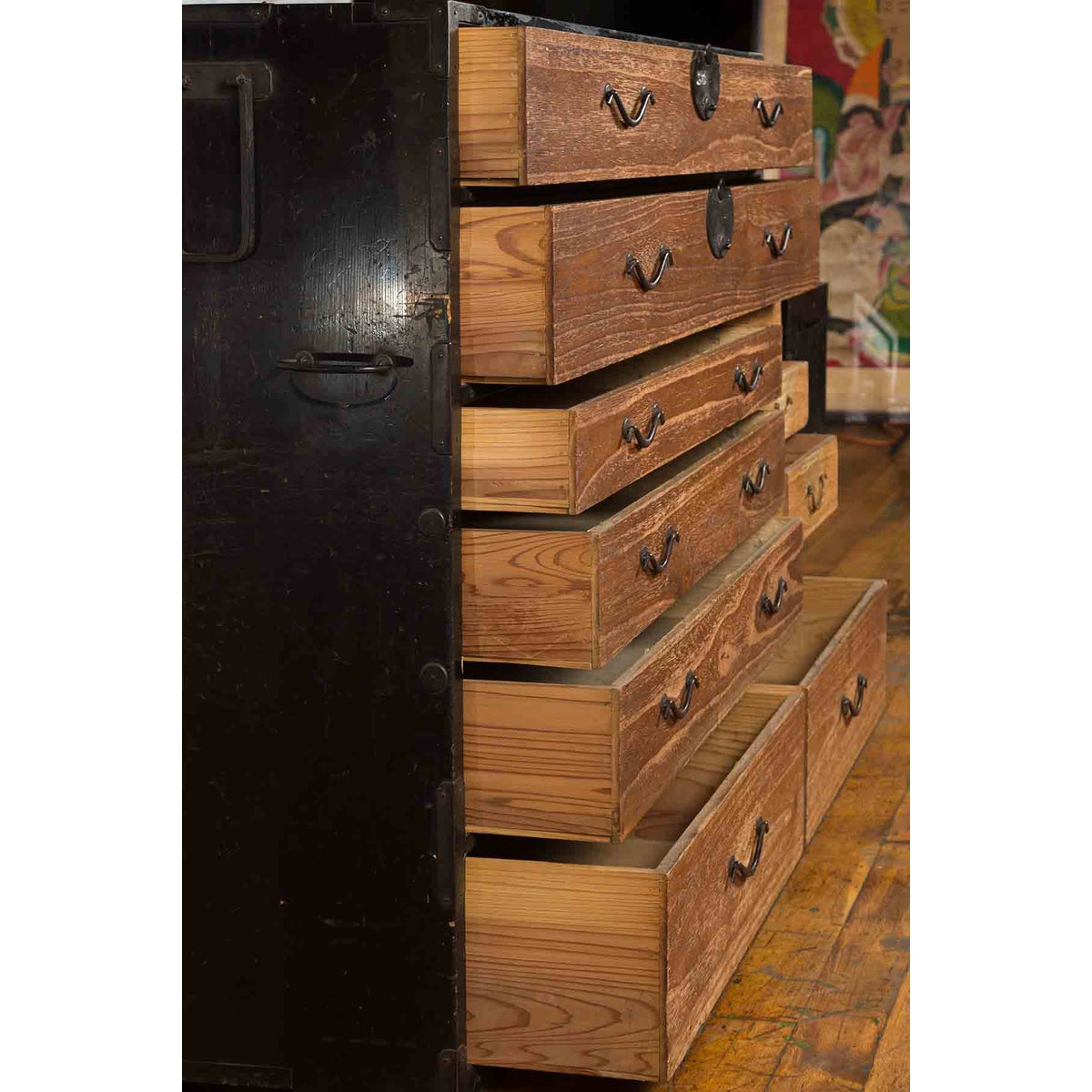 Japanese 19th Century Meiji Period Brown and Black Tansu Clothing Chest-13. Asian &amp; Chinese Furniture, Art, Antiques, Vintage Home Décor for sale at FEA Home
