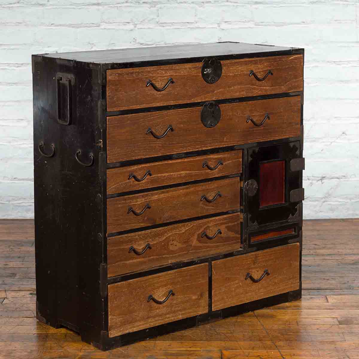 Japanese 19th Century Meiji Period Brown and Black Tansu Clothing Chest-2. Asian & Chinese Furniture, Art, Antiques, Vintage Home Décor for sale at FEA Home