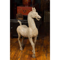 Large Chinese Han Dynasty Period Terracotta Walking Horse, circa 202 BC-200 AD