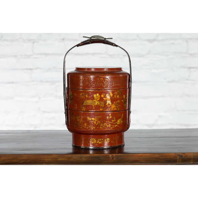 Chinese Early 20th Century Three-Tiered Red Lacquer Lunch Basket with Gilt Décor - Antique Chinese and Vintage Asian Furniture for Sale at FEA Home