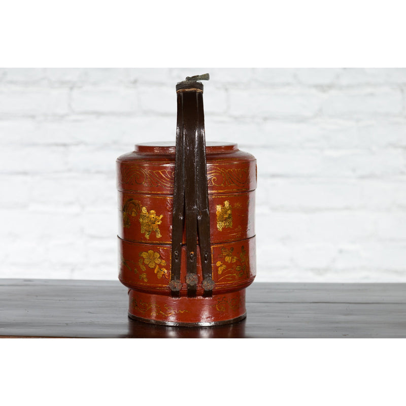Chinese Early 20th Century Three-Tiered Red Lacquer Lunch Basket with Gilt Décor - Antique Chinese and Vintage Asian Furniture for Sale at FEA Home
