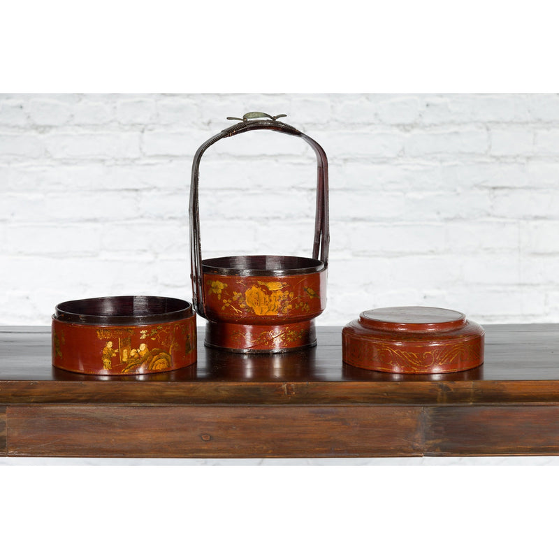 Chinese Early 20th Century Three-Tiered Red Lacquer Lunch Basket with Gilt Décor - Antique Chinese and Vintage Asian Furniture for Sale at FEA Home