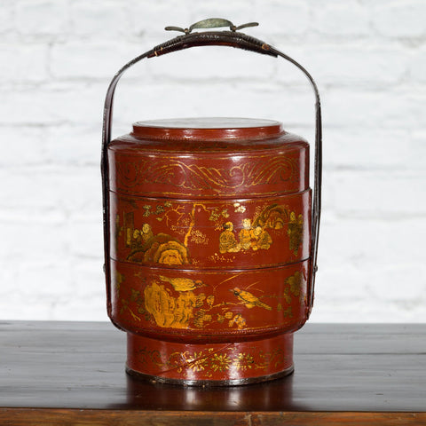 Chinese Early 20th Century Three-Tiered Red Lacquer Lunch Basket with Gilt Décor - Antique Chinese and Vintage Asian Furniture for Sale at FEA Home