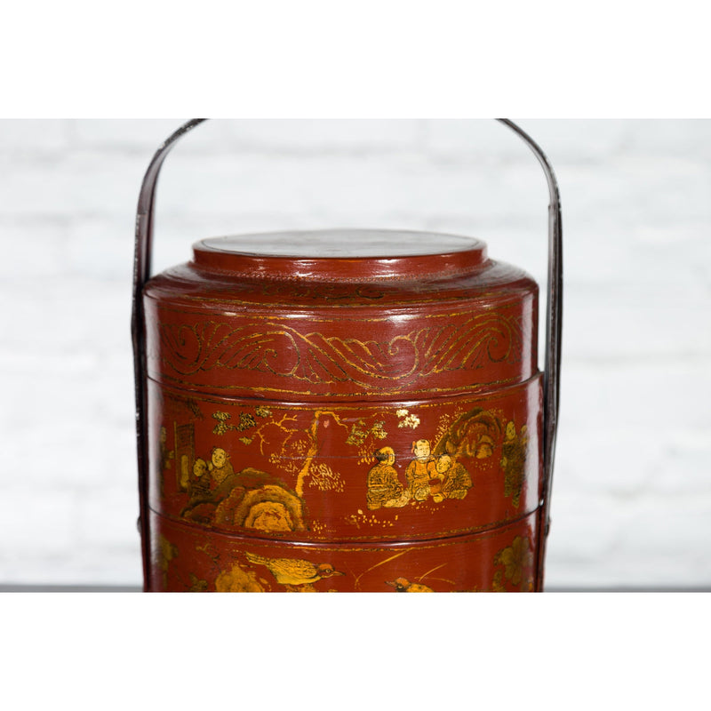 Chinese Early 20th Century Three-Tiered Red Lacquer Lunch Basket with Gilt Décor - Antique Chinese and Vintage Asian Furniture for Sale at FEA Home