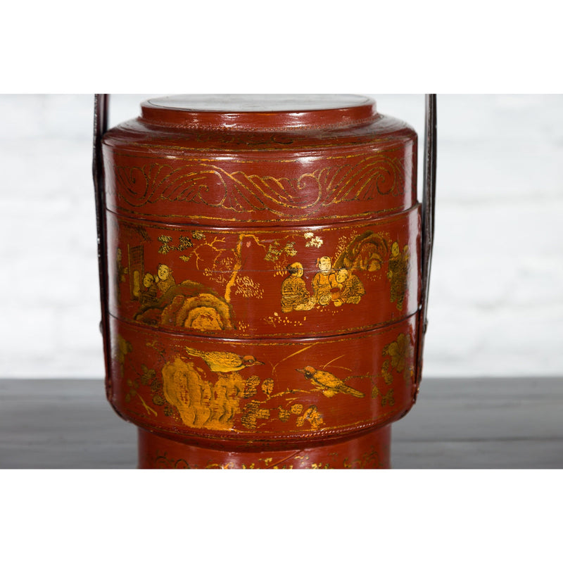 Chinese Early 20th Century Three-Tiered Red Lacquer Lunch Basket with Gilt Décor - Antique Chinese and Vintage Asian Furniture for Sale at FEA Home