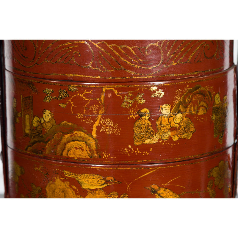 Chinese Early 20th Century Three-Tiered Red Lacquer Lunch Basket with Gilt Décor - Antique Chinese and Vintage Asian Furniture for Sale at FEA Home