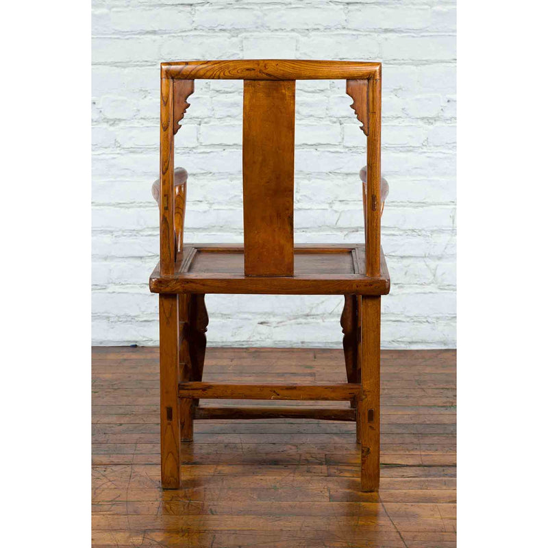 Chinese 19th Century Qing Chair with Open Arms and Hand-Carved Floral Motifs