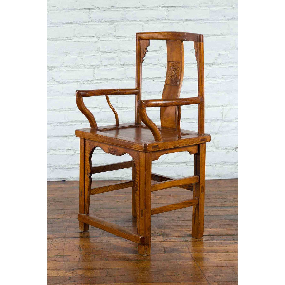 Chinese 19th Century Qing Chair with Open Arms and Hand-Carved Floral Motifs-4. Asian &amp; Chinese Furniture, Art, Antiques, Vintage Home Décor for sale at FEA Home
