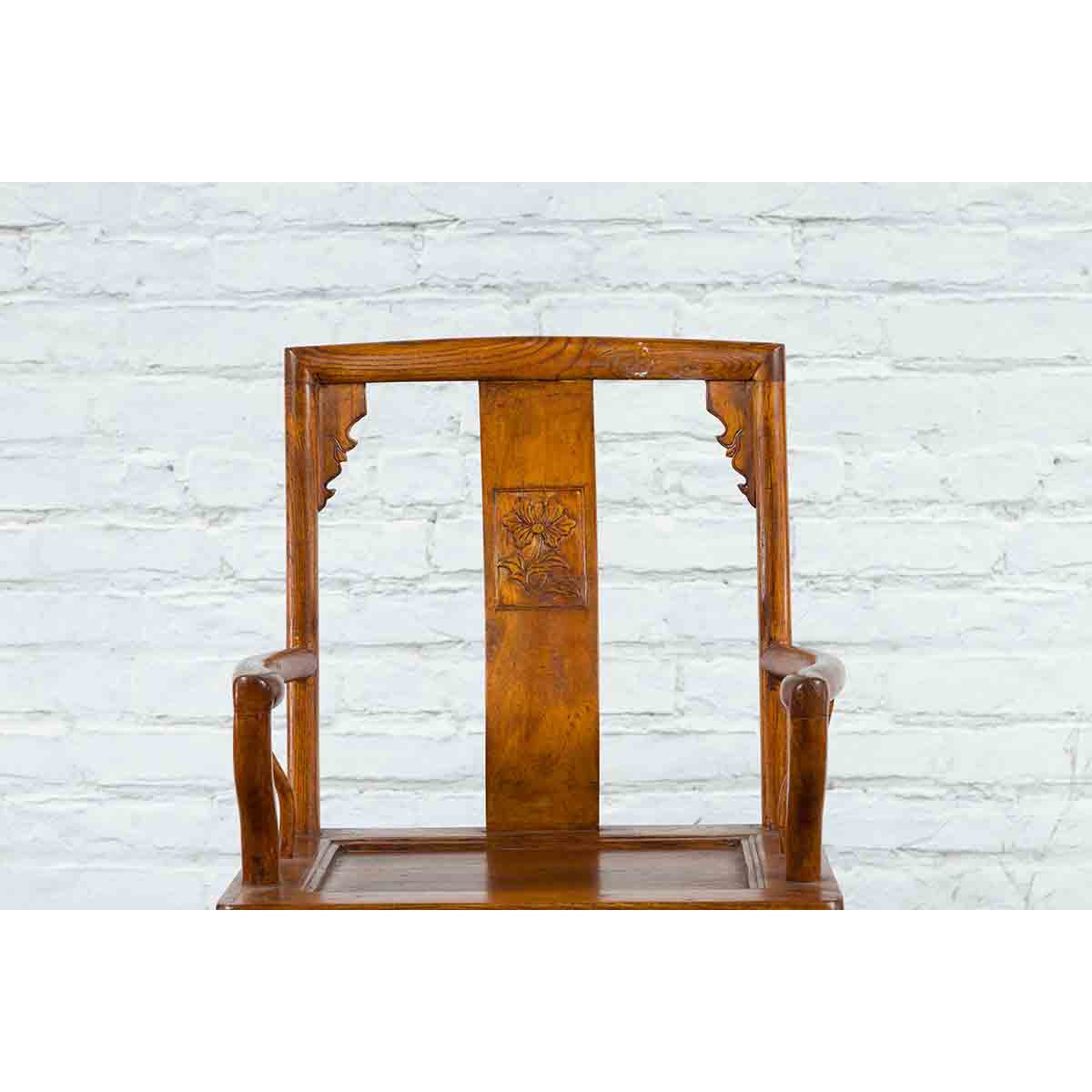 Chinese 19th Century Qing Chair with Open Arms and Hand-Carved Floral Motifs-14. Asian &amp; Chinese Furniture, Art, Antiques, Vintage Home Décor for sale at FEA Home