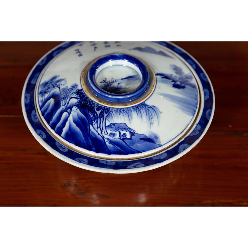 Japanese Seto Porcelain Vegetable Bowl with Hand-Painted Blue and White Décor-YN5634-12. Asian & Chinese Furniture, Art, Antiques, Vintage Home Décor for sale at FEA Home