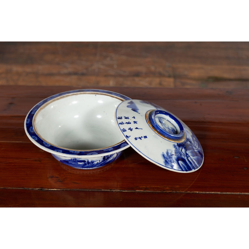 Japanese Seto Porcelain Vegetable Bowl with Hand-Painted Blue and White Décor-YN5634-3. Asian & Chinese Furniture, Art, Antiques, Vintage Home Décor for sale at FEA Home