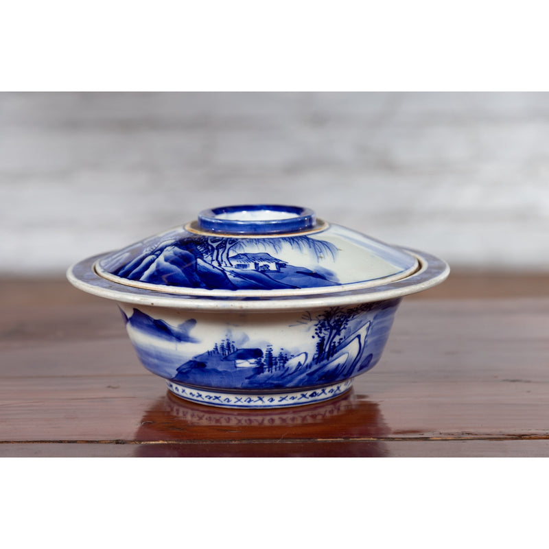 Japanese Seto Porcelain Vegetable Bowl with Hand-Painted Blue and White Décor-YN5634-8. Asian & Chinese Furniture, Art, Antiques, Vintage Home Décor for sale at FEA Home