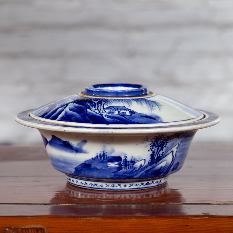 Japanese Seto Porcelain Vegetable Bowl with Hand-Painted Blue and White Décor-YN5634-9. Asian & Chinese Furniture, Art, Antiques, Vintage Home Décor for sale at FEA Home