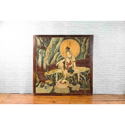 Large Chinese Two-Sided Painted Elm Screen Depicting Guanyin and Zhong Kui