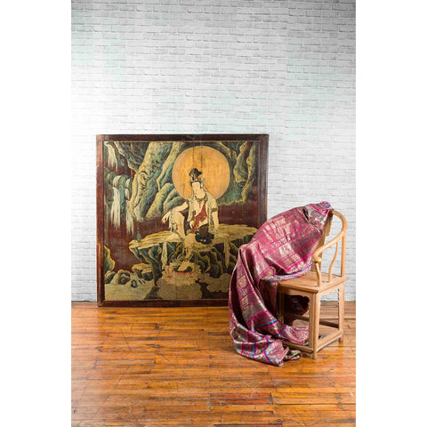Large Chinese Two-Sided Painted Elm Screen Depicting Guanyin and Zhong Kui