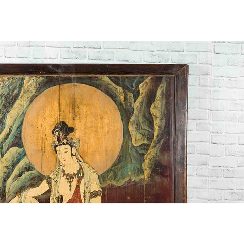 Large Chinese Two-Sided Painted Elm Screen Depicting Guanyin and Zhong Kui