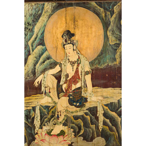 Large Chinese Two-Sided Painted Elm Screen Depicting Guanyin and Zhong Kui