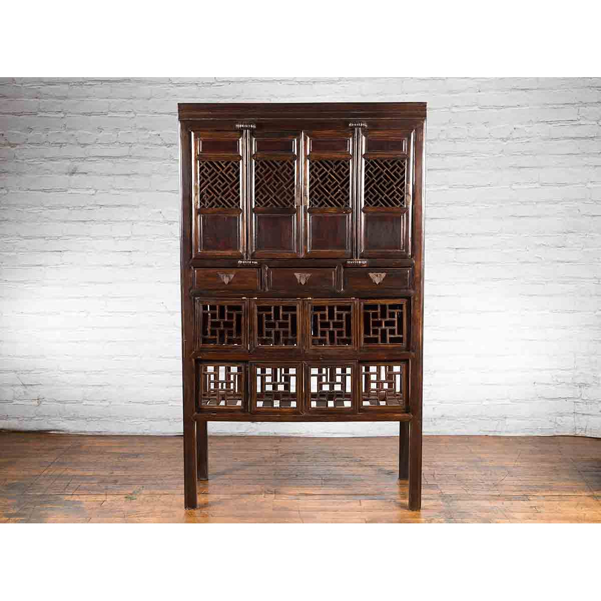 Chinese Qing 19th Century Brown Cabinet with Fretwork Doors and Three Drawers-3. Asian &amp; Chinese Furniture, Art, Antiques, Vintage Home Décor for sale at FEA Home