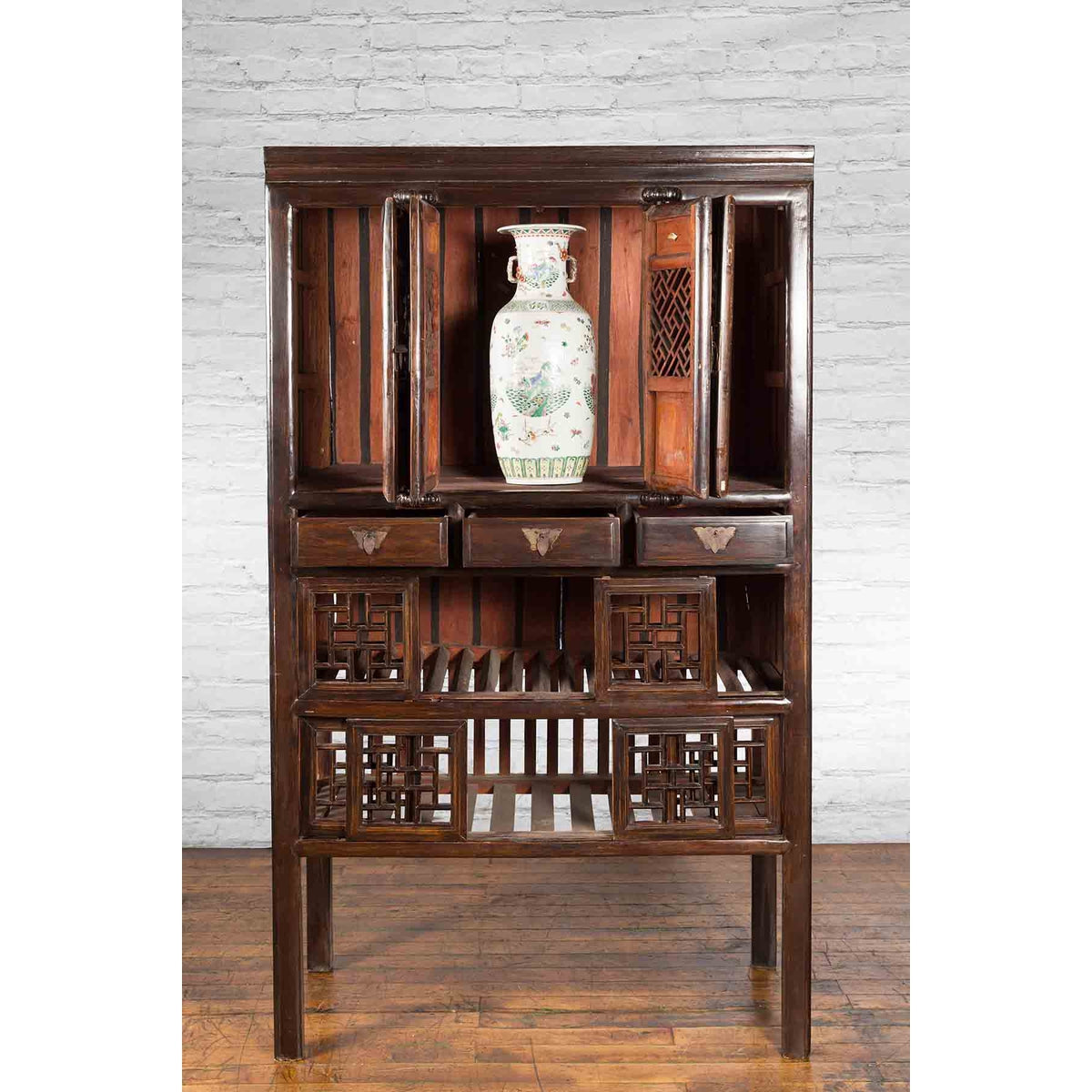 Chinese Qing 19th Century Brown Cabinet with Fretwork Doors and Three Drawers-4. Asian &amp; Chinese Furniture, Art, Antiques, Vintage Home Décor for sale at FEA Home