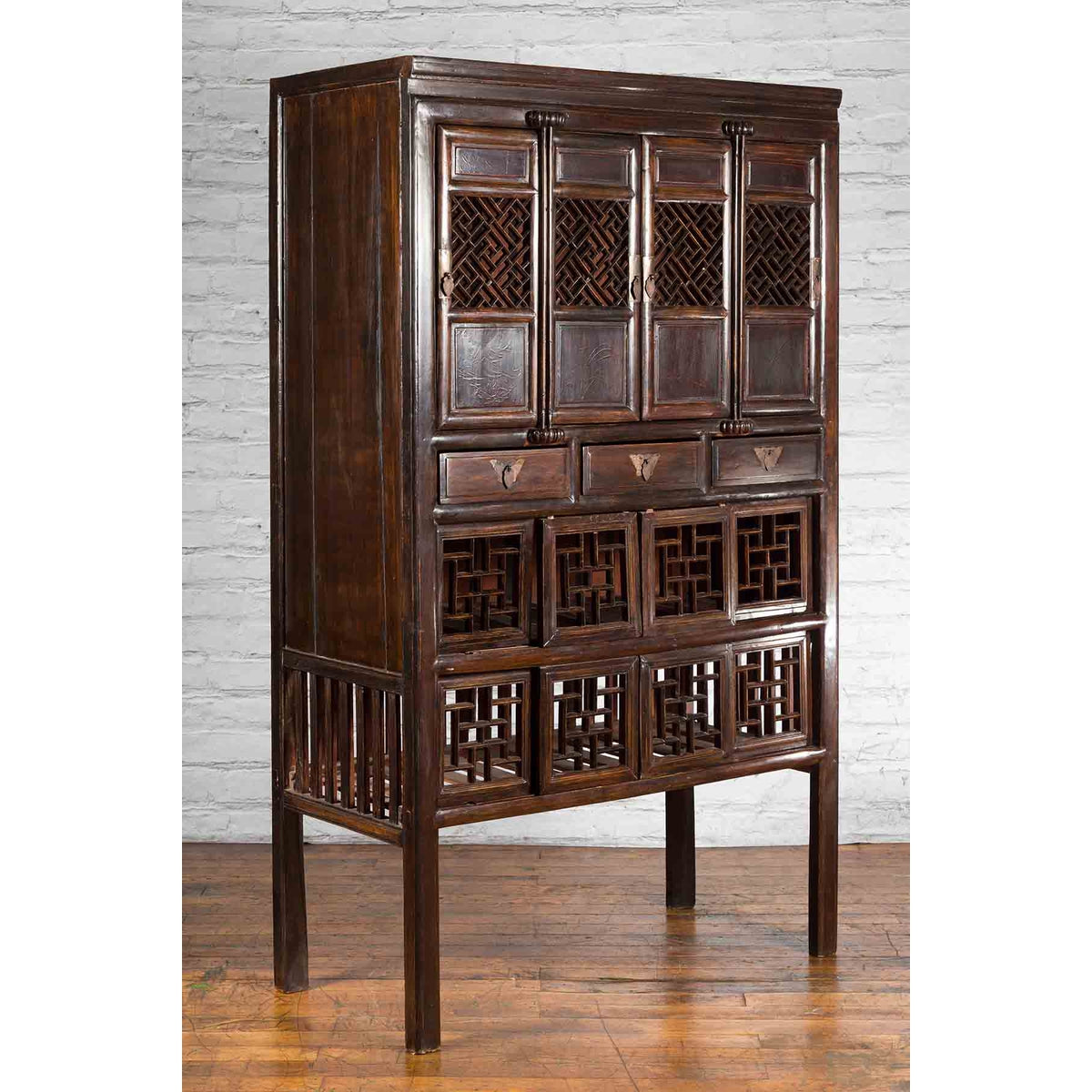 Chinese Qing 19th Century Brown Cabinet with Fretwork Doors and Three Drawers-2. Asian & Chinese Furniture, Art, Antiques, Vintage Home Décor for sale at FEA Home
