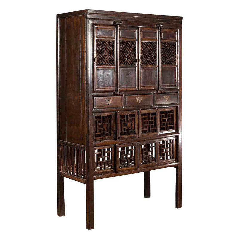 Chinese Qing 19th Century Brown Cabinet with Fretwork Doors and Three Drawers- Asian Antiques, Vintage Home Decor & Chinese Furniture - FEA Home