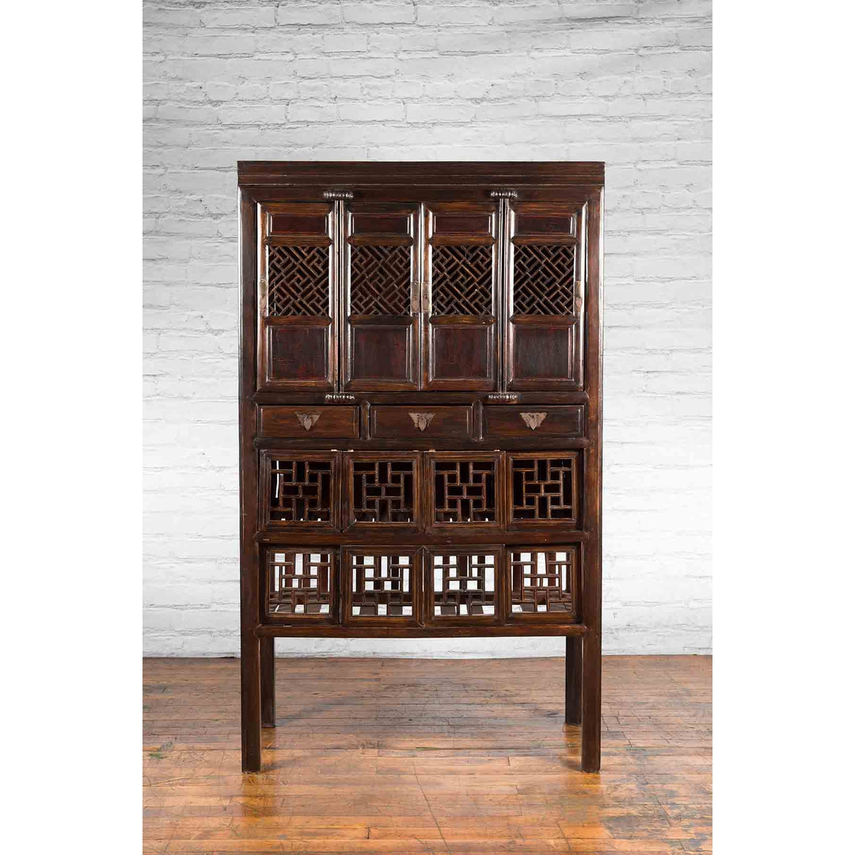 Chinese Qing 19th Century Brown Cabinet with Fretwork Doors and Three Drawers-5. Asian &amp; Chinese Furniture, Art, Antiques, Vintage Home Décor for sale at FEA Home