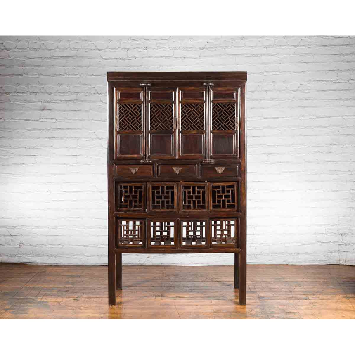 Chinese Qing 19th Century Brown Cabinet with Fretwork Doors and Three Drawers-15. Asian &amp; Chinese Furniture, Art, Antiques, Vintage Home Décor for sale at FEA Home