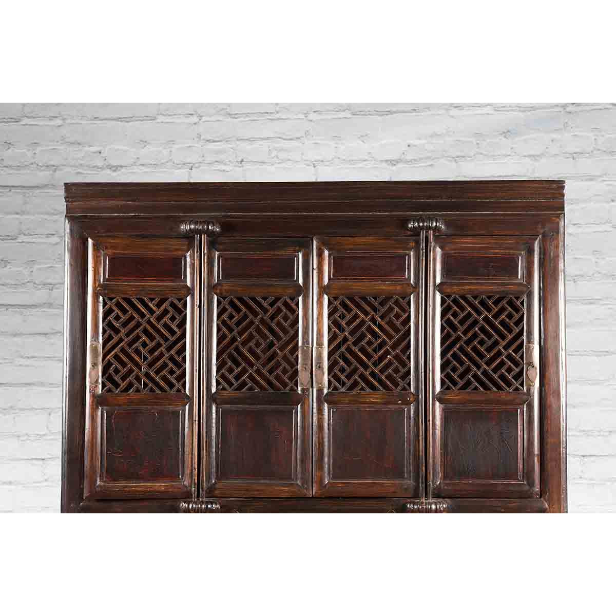 Chinese Qing 19th Century Brown Cabinet with Fretwork Doors and Three Drawers-6. Asian &amp; Chinese Furniture, Art, Antiques, Vintage Home Décor for sale at FEA Home