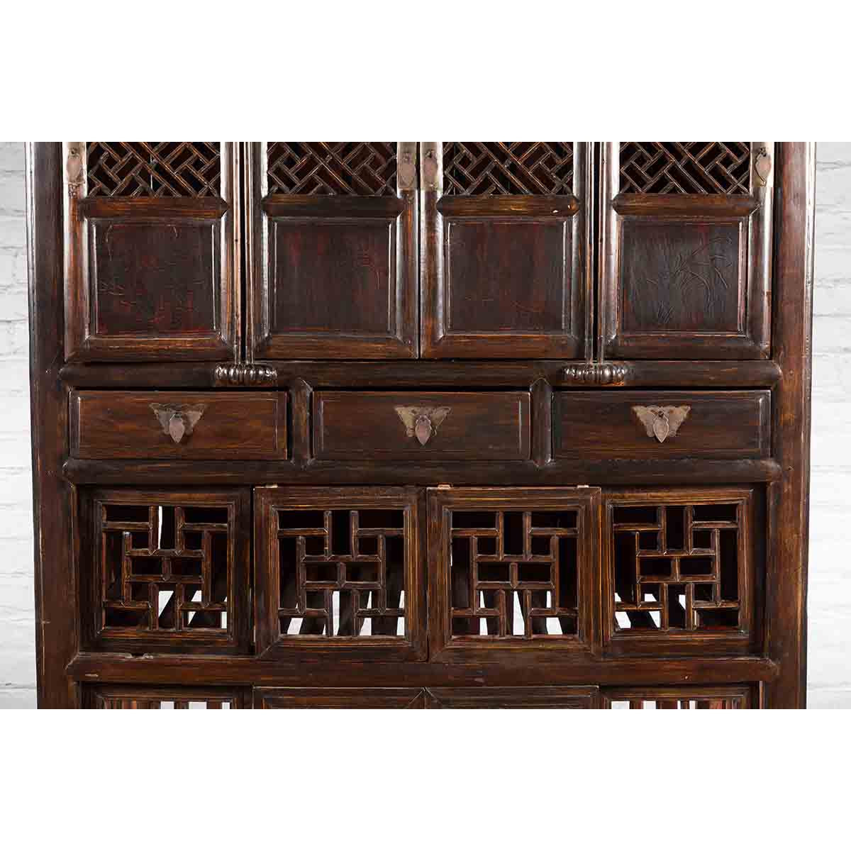 Chinese Qing 19th Century Brown Cabinet with Fretwork Doors and Three Drawers-7. Asian &amp; Chinese Furniture, Art, Antiques, Vintage Home Décor for sale at FEA Home
