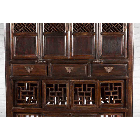 Chinese Qing 19th Century Brown Cabinet with Fretwork Doors and Three Drawers
