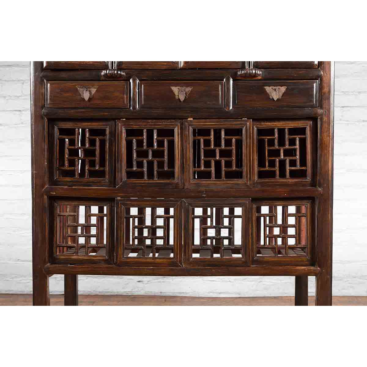Chinese Qing 19th Century Brown Cabinet with Fretwork Doors and Three Drawers-8. Asian &amp; Chinese Furniture, Art, Antiques, Vintage Home Décor for sale at FEA Home