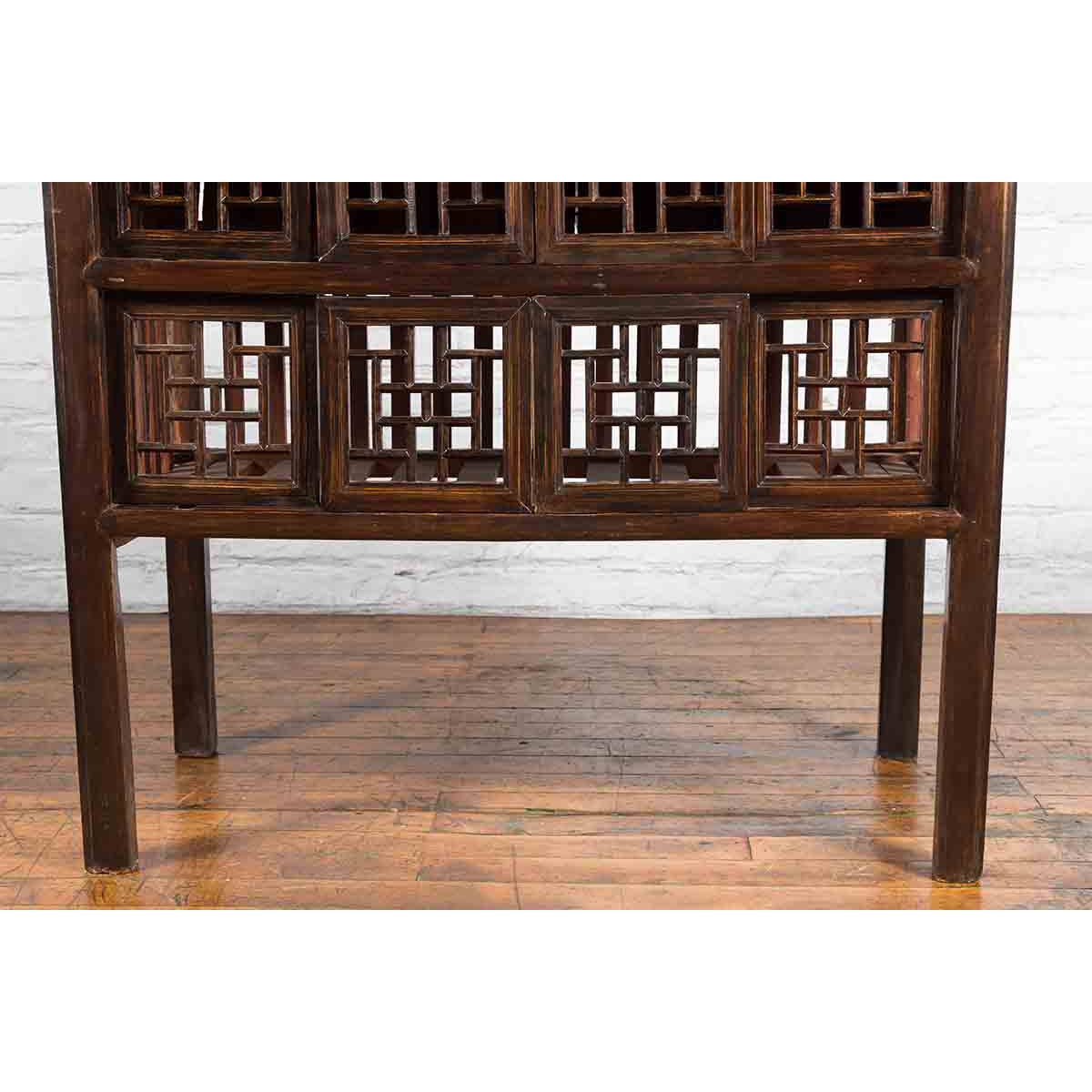 Chinese Qing 19th Century Brown Cabinet with Fretwork Doors and Three Drawers-9. Asian &amp; Chinese Furniture, Art, Antiques, Vintage Home Décor for sale at FEA Home