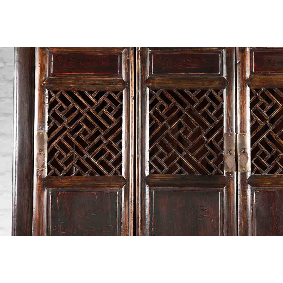 Chinese Qing 19th Century Brown Cabinet with Fretwork Doors and Three Drawers-10. Asian &amp; Chinese Furniture, Art, Antiques, Vintage Home Décor for sale at FEA Home