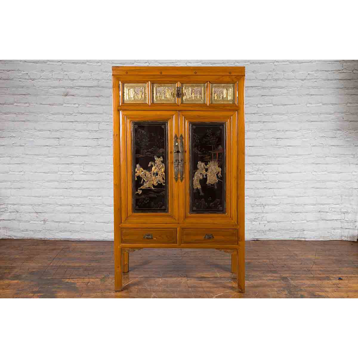 Chinese Early 20th Century Lacquered Armoire with Gilt Carved Warrior Motifs-5. Asian &amp; Chinese Furniture, Art, Antiques, Vintage Home Décor for sale at FEA Home