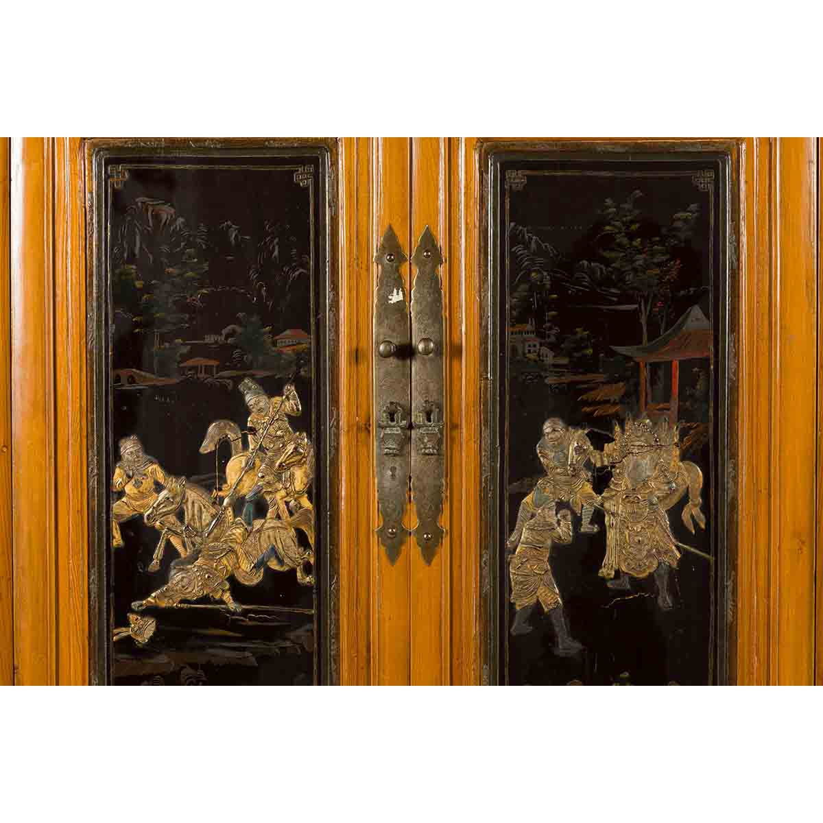Chinese Early 20th Century Lacquered Armoire with Gilt Carved Warrior Motifs-13. Asian &amp; Chinese Furniture, Art, Antiques, Vintage Home Décor for sale at FEA Home