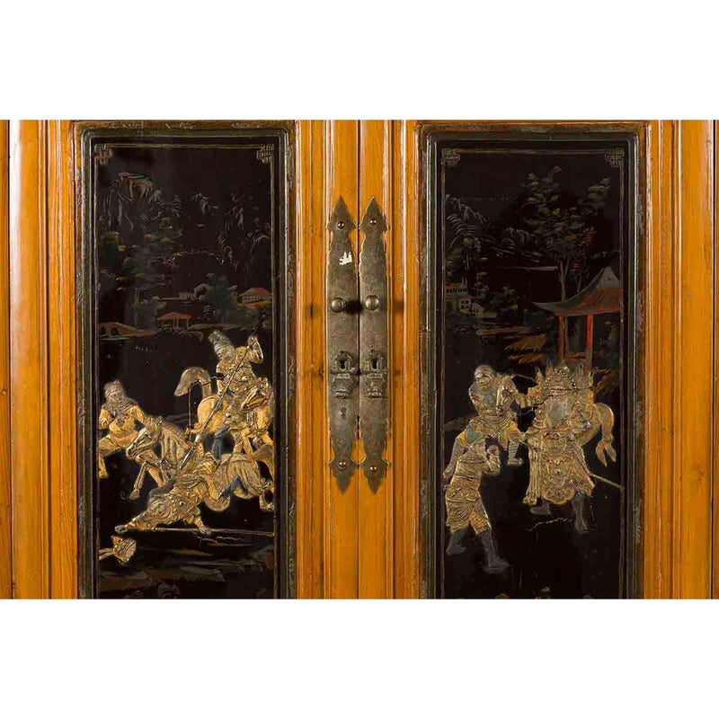 Chinese Early 20th Century Lacquered Armoire with Gilt Carved Warrior Motifs-YN5706-13. Asian & Chinese Furniture, Art, Antiques, Vintage Home Décor for sale at FEA Home
